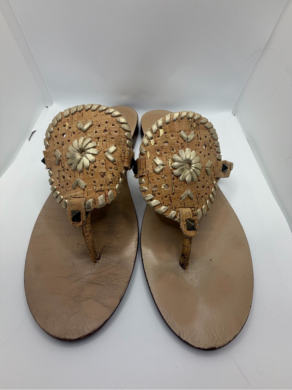 Jack Rogers Tan Woven Floral Thong Sandals